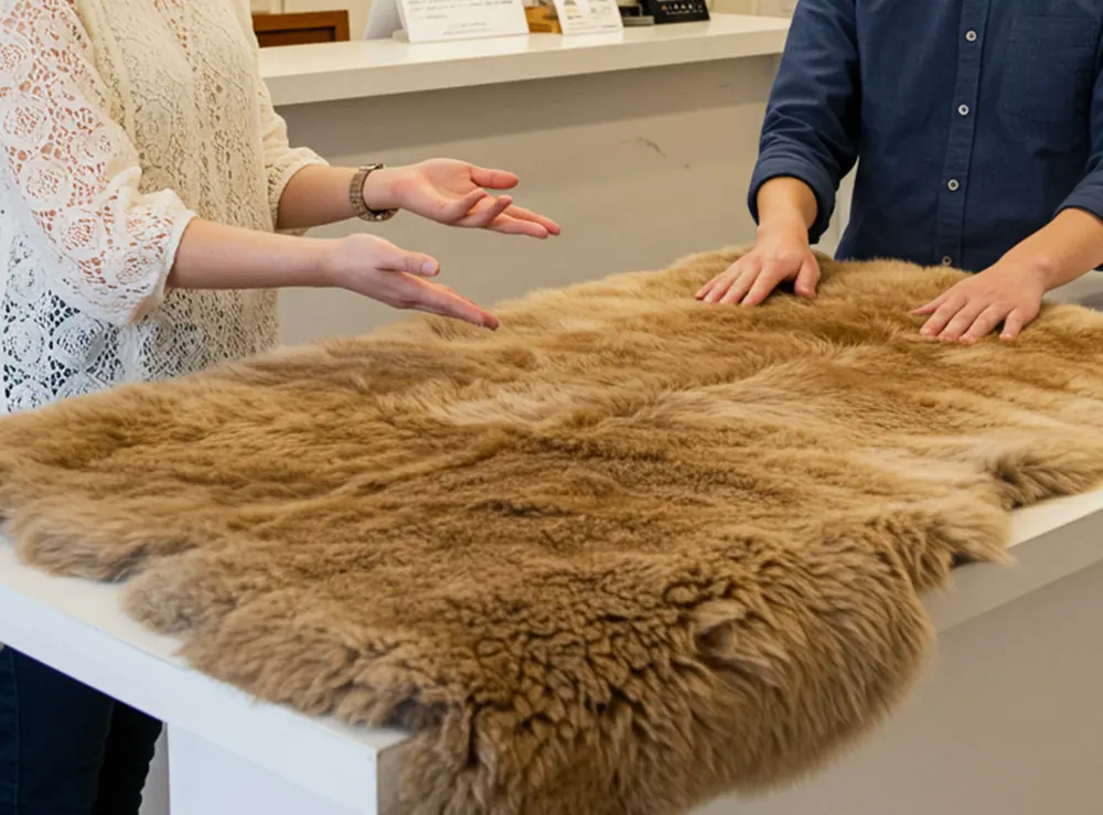 店舗にムートン製品を持ち込む顧客
